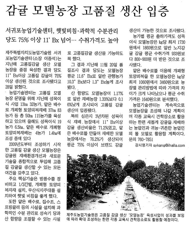 감귤모델농장 고품질 생산입증(한라일보.2013.3.29)