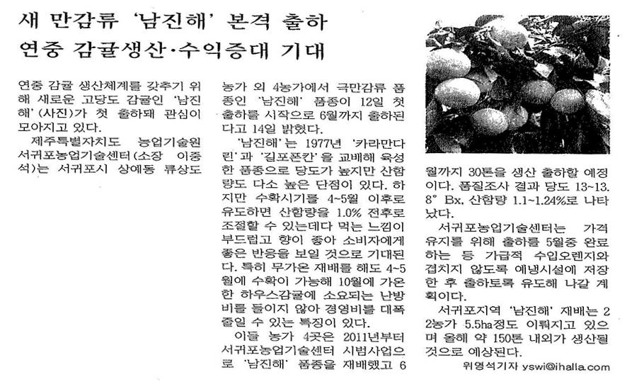 새만감류 남진해 본격출하(한라일보.2013.04.13)